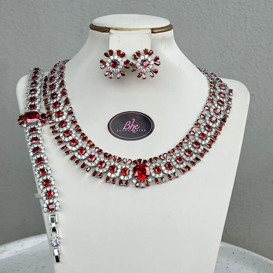 Statement Round Luxury Cubic Zirconia Jewelry Set - Wine