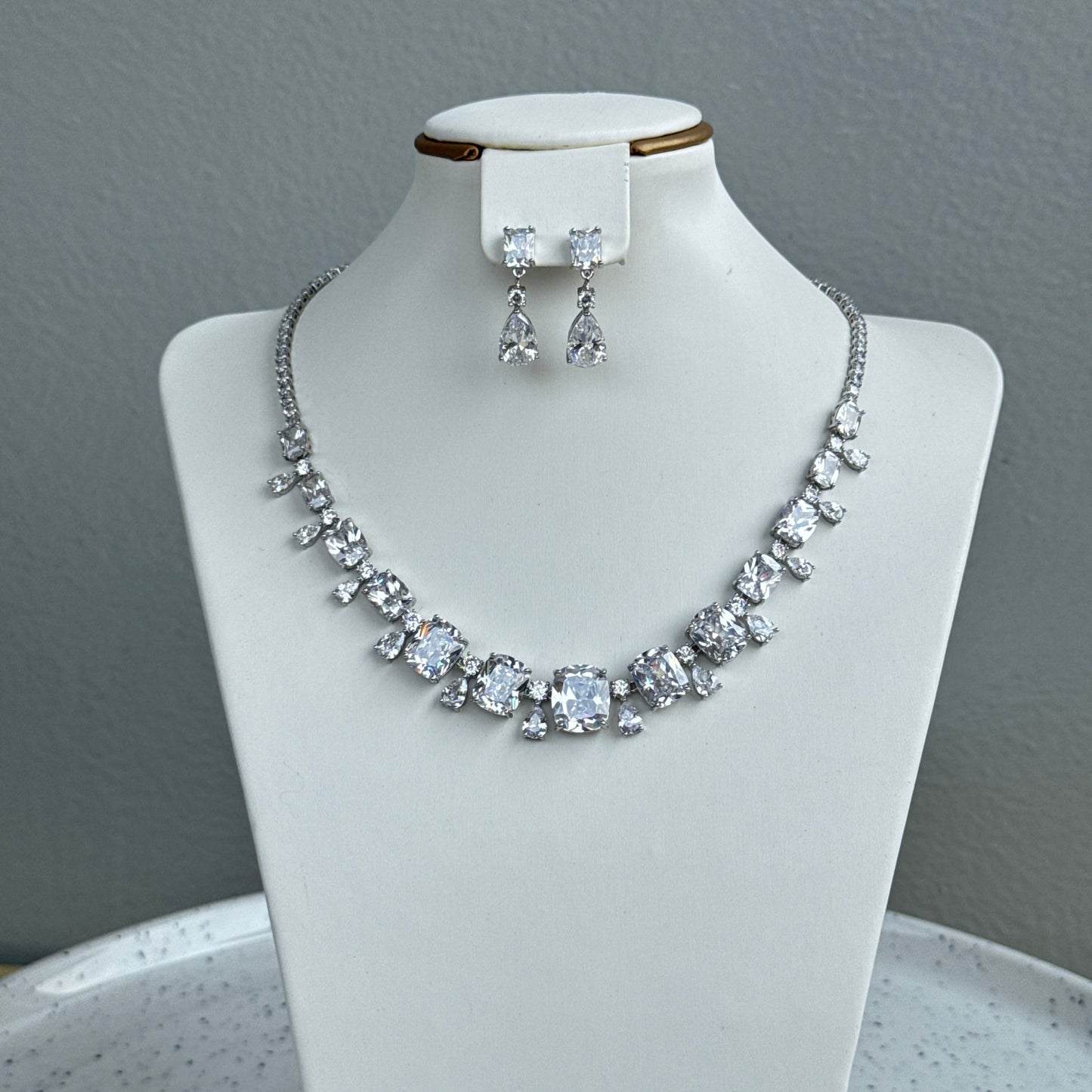 Round Silver Tone Cubic Zirconia Necklace and Earring Set