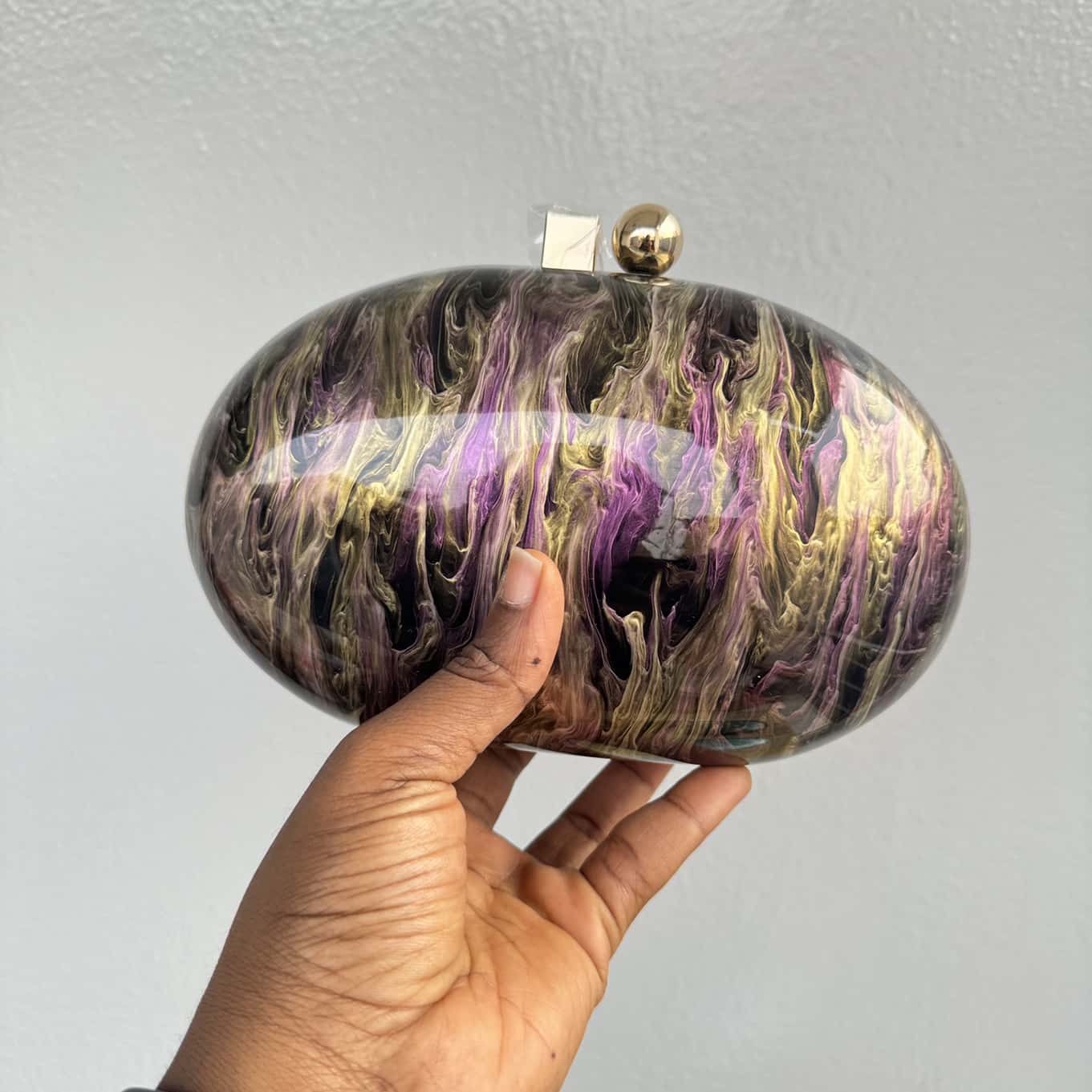 Oval Acrylic Clutch Purse - Black, Purple Marble