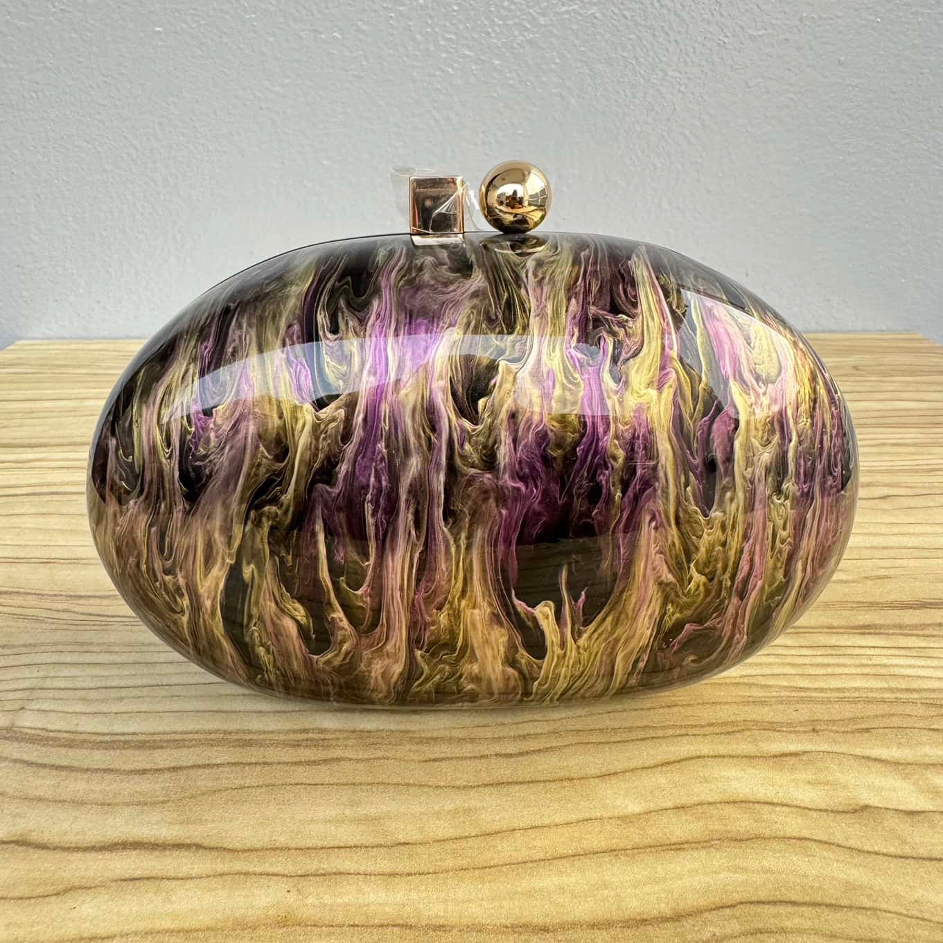 Oval Acrylic Clutch Purse - Black, Purple Marble