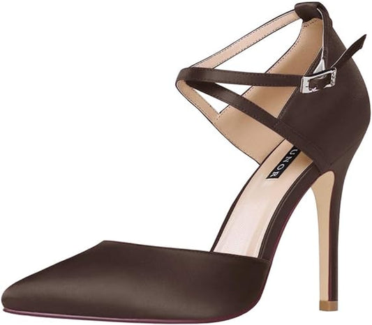 Cross Strap Pointed Toe Satin Shoes - Chocolate Brown