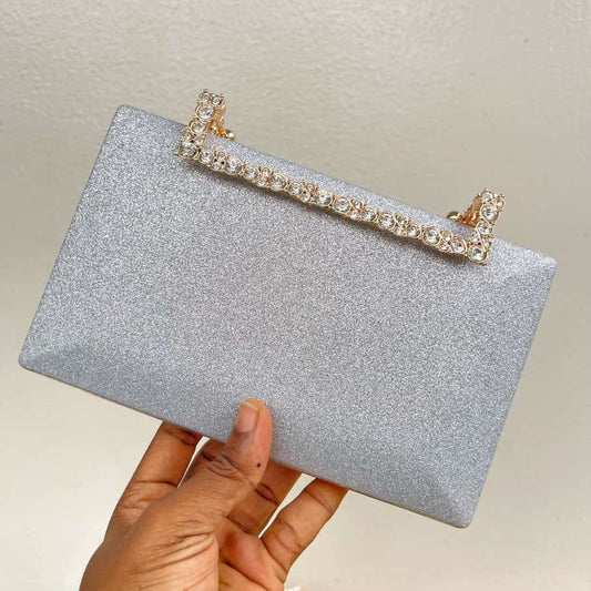 Geometric Clasp Glitter Clutch - Silver