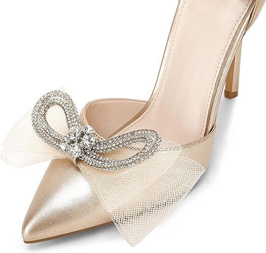 Ankle Strap Pointed Toe Bow Stiletto Heels - Champagne Gold