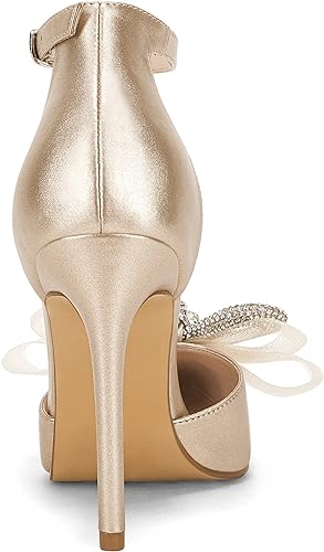 Ankle Strap Pointed Toe Bow Stiletto Heels - Champagne Gold