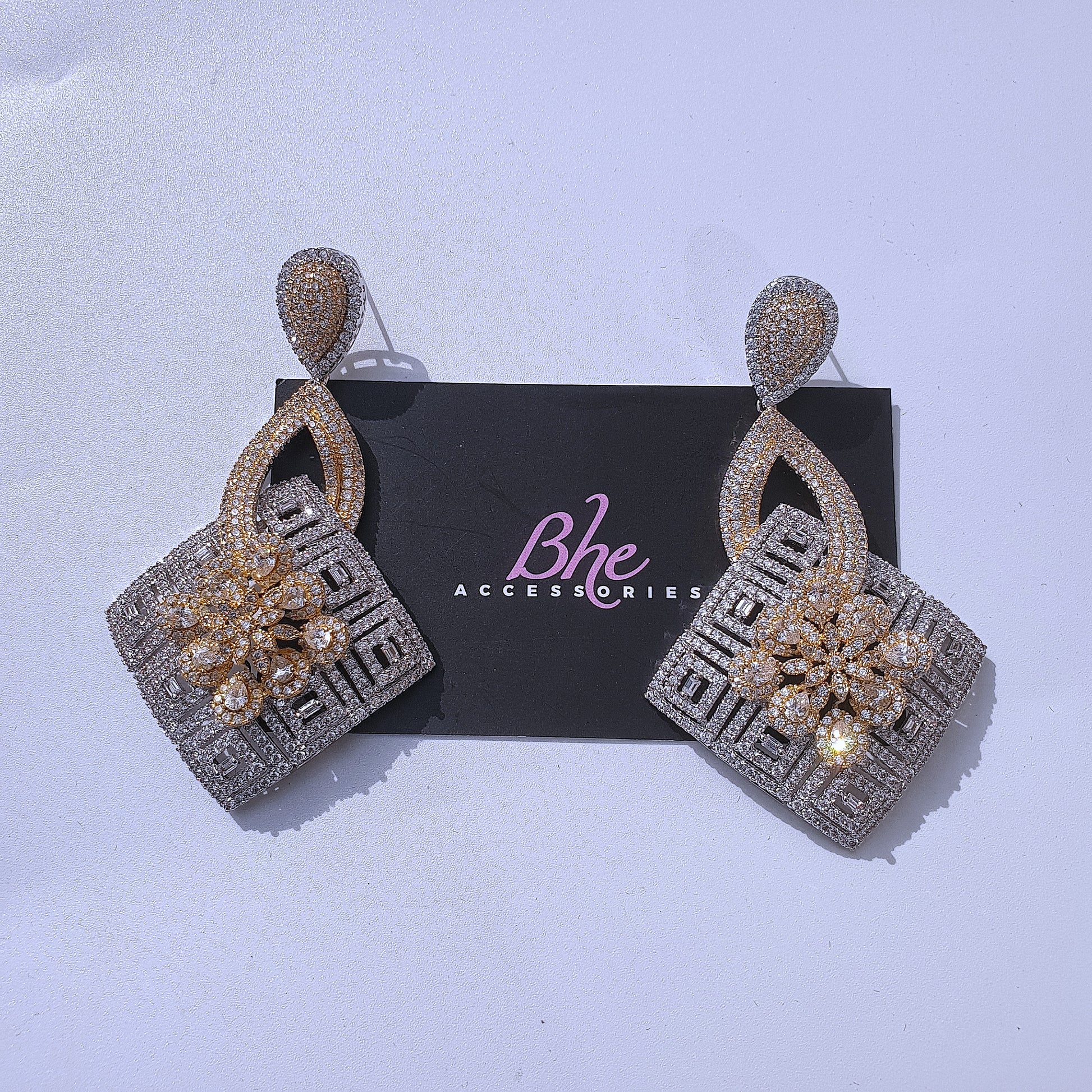 Statement Size Cubic Zirconia 2 Tone  Party Earrings - Bhe Accessories