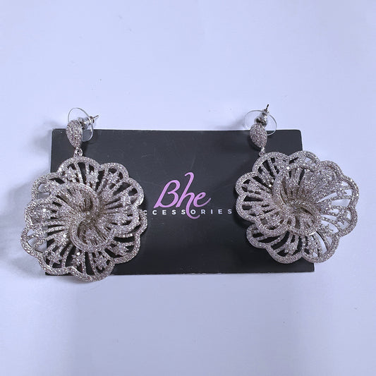Silver Big Flower Cubic Zirconia Earrings - Bhe Accessories