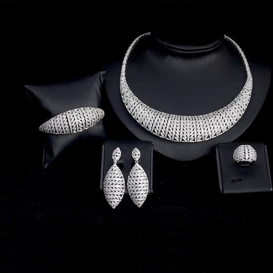 Detailed Luxury Silver Tone Cubic Zirconia 4 Piece Jewelry Set