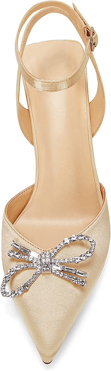 Gold Satin Crystal Bow Pointed Toe Bridal Party Mid Heels