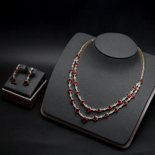 Double Row Red & Gold Luxury 2 Piece Cubic Zirconia Jewelry Set