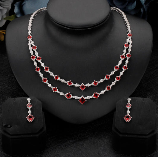 Double Row Red & Silver Luxury 2 Piece Cubic Zirconia Jewelry Set