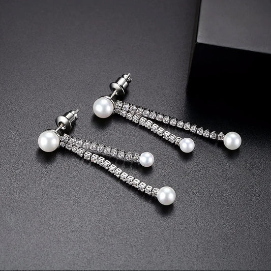 Pearl Cubic Zirconia Tennis Drop Bridal Earrings