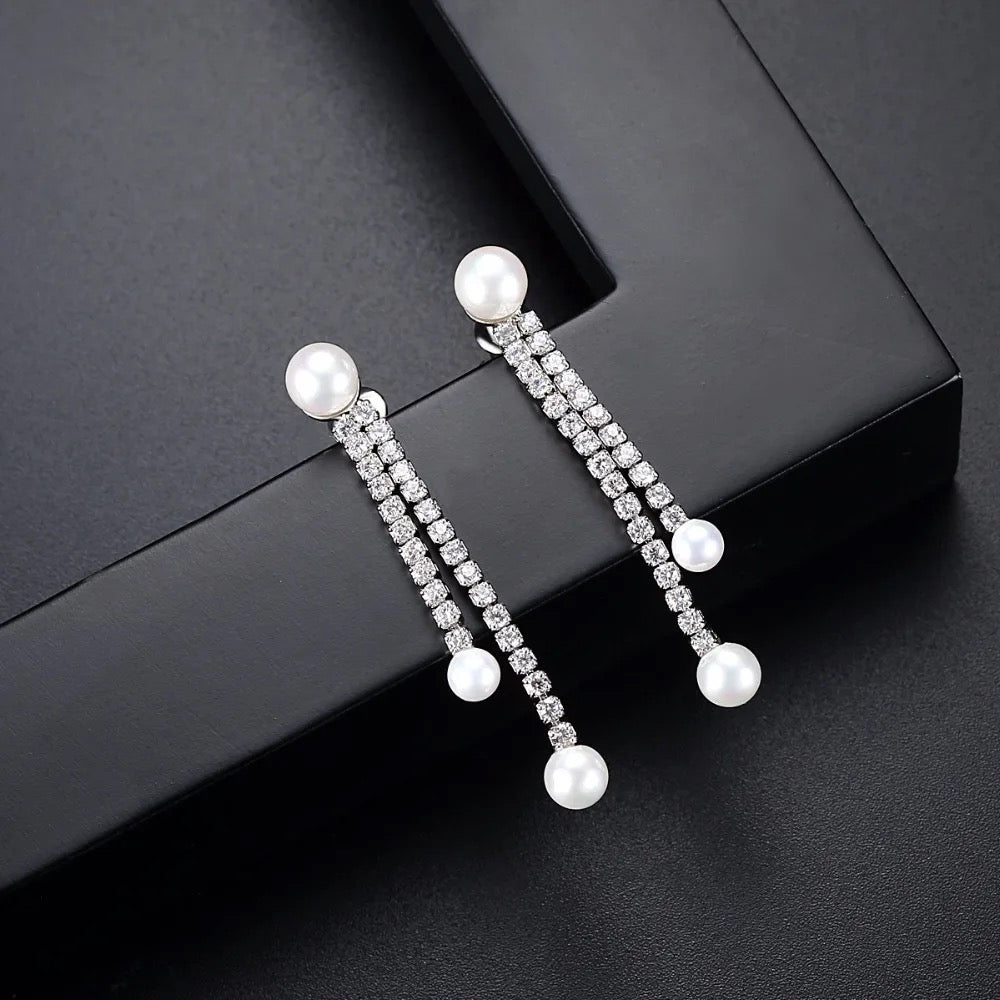 Bridal Pearl Cubic Zirconia Tennis Drop Earrings